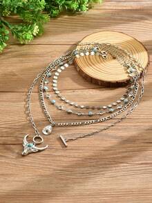 4pcs/Set Western Cowboy Vintage Turquoise Bull Head Hat Pendant Necklace With Round Diamond Chain And Round Disc Chain Layered Necklace, Fashionable Personalized Women's Neck Jewelry Suitable For Daily Wear, Dating, Vacation And Party, Handmade Chain Cut By Length - Multicolor - View 2