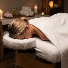 高級 3 件組按摩床單套組－超柔軟波浪壓紋 SPA 床上用品，包含加大平鋪床單 (245x150cm)、深口袋包床單 (192x90cm) 與臉部罩，適用於按摩床、美容床、治療床，舒適耐用且易於清潔 - 白色 - 查看 5