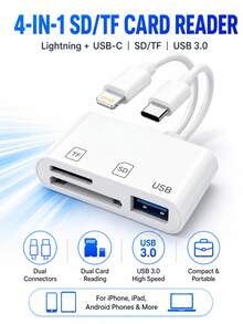 huaxunyuan 1 buah Adaptor USB Pembaca Kartu SD 3-in-1, dengan Pembaca Kartu Memori Adaptor USB 3.0 Kartu SD/TF, Kompatibel dengan MacBook/Smartphone Seri 17 Pro Max/17 Pro/17/Air/16/15/14/13/12/11/XS/XR/8/7/6, Pasang dan Mainkan - Putih - View 1