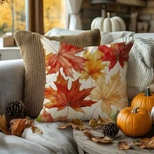 1pc Autumn Maple Leaf Print Pillowcase, Vibrant Autumn Leaf Design With Red, Orange, Yellow And Green Leaf Pattern, Machine Washable Polyester Material, Suitable For Living Room Sofa, Bay Window, Thanksgiving Atmosphere Decoration, Zipper Closure, Double-Sided Print, Machine Washable (Inner Core Not Included) - Multicolor - View 7