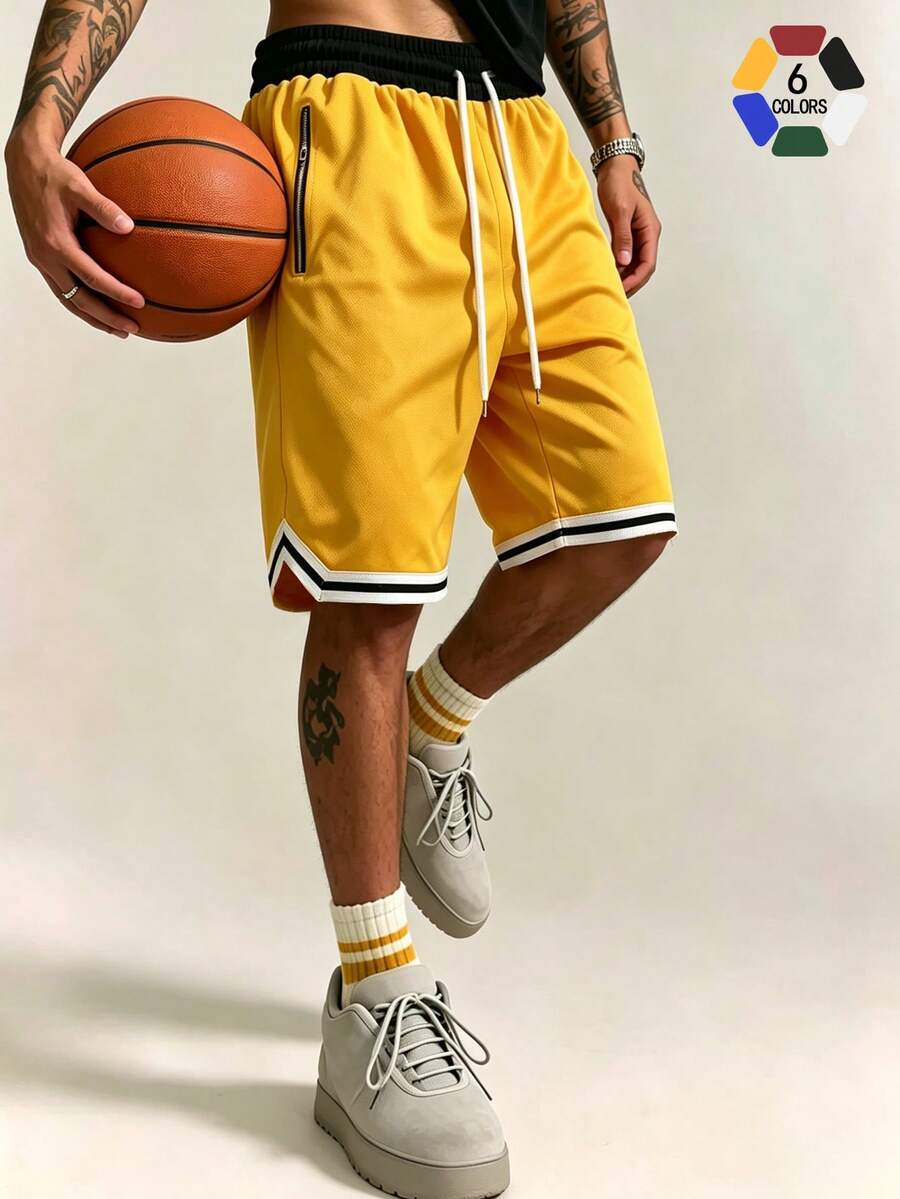 Men's Loose Fit Basketball Shorts, Elastic Drawstring Waist, Zipper Pockets, Striped Hem, Breathable Fitness Training Casual Sports Knee Length Shorts - Yellow - View 1