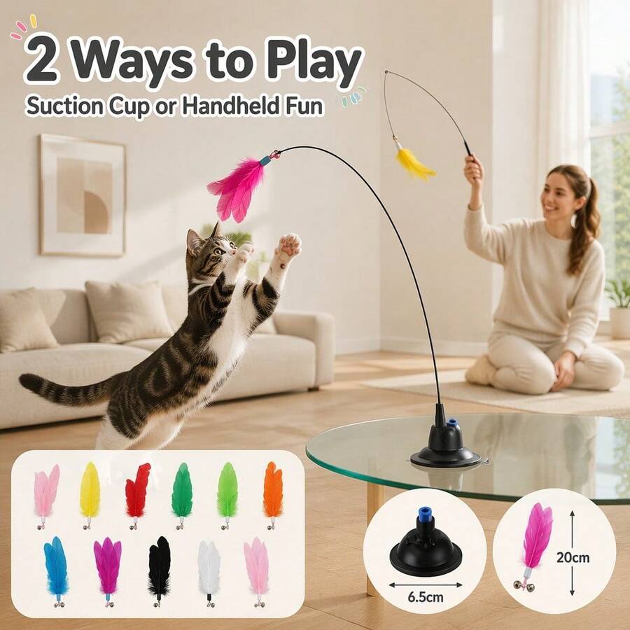 7Alas 12-Piece Interactive Cat Teaser Wand Set With Detachable Bell And Feather Replacement Heads, Two Play Modes:,Handheld Interaction And Suction Cup Self-Entertainment, Indoor Hunting Exercise Cat Toy For Kittens - View 1