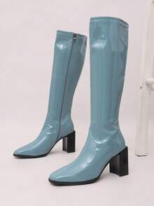 Fashionable Autumn/Winter Side Zipper Slimming Women's Knee-High Boots, Elegant Chunky Heel Light Blue Tall Riding Boots - Baby Blue - View 6