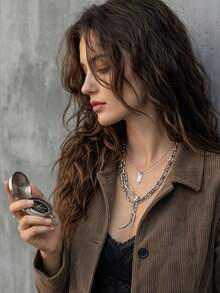 Women Lapel Collar Corduroy Cropped Jacket, Button Down Long Sleeve Solid Casual Fall Outerwear - Brown - View 4