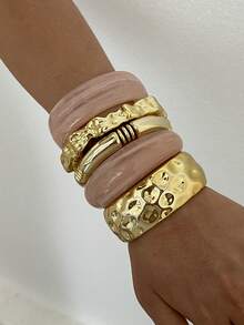 5 peças/1 peça Conjunto de Pulseiras Vintage Elegante Casual Feminino em Dourado CCB e Acrílico Rosa, Adequado para Uso Diário - Multicolorido - Visão 4