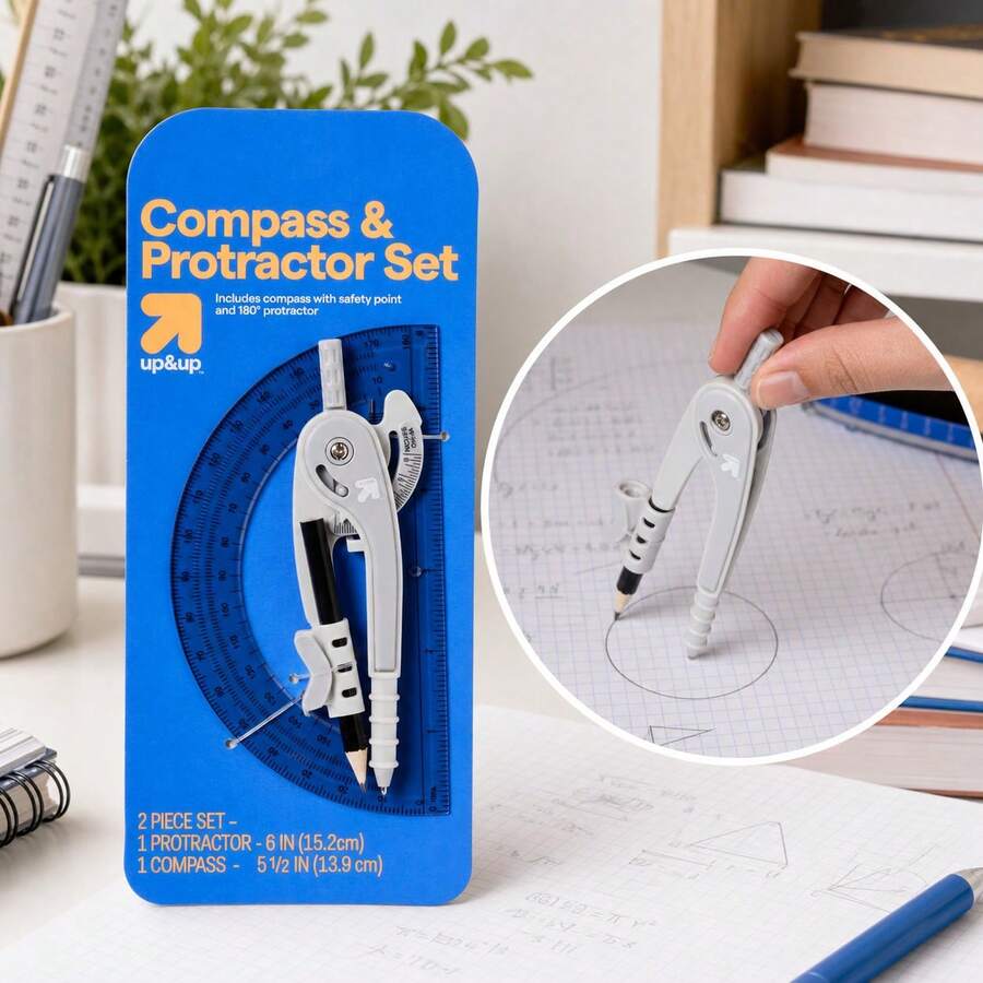 2pcs Compass And Protractor Set, Gray Plastic Math Drawing Tools With Ruler, 6 Inch Range, Easy Circles, Comfort Grip - A - View 1