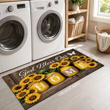1pc Country Farmhouse Sunflower HOME Letter Print Kitchen Mat, God Bless Our Home Wood Grain Butterfly Pattern Polyester Doormat Floor Rug, Suitable For Kitchen, Entryway, Living Room, Bedroom And Home Decor - Multicolor - View 13