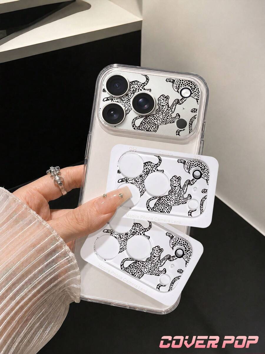 1pc Black Leopard Pattern Camera Lens Protector Film, Compatible With IPhone 17Pro/17 Pro Max; Made Of Tempered Glass, Full Coverage Design, High Definition Clear, Anti-Scratch Anti-Fingerprint, Compatible With Phone Case, Easy To Install.