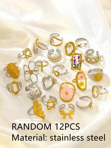 VceTd 6/9/12/19PCS Cincin Terbuka Wanita Acak dengan Dekorasi Hati/Bunga/Bintang/Desain Geometris, Cocok untuk Pemakaian Sehari-hari - Emas/Perak - View 3