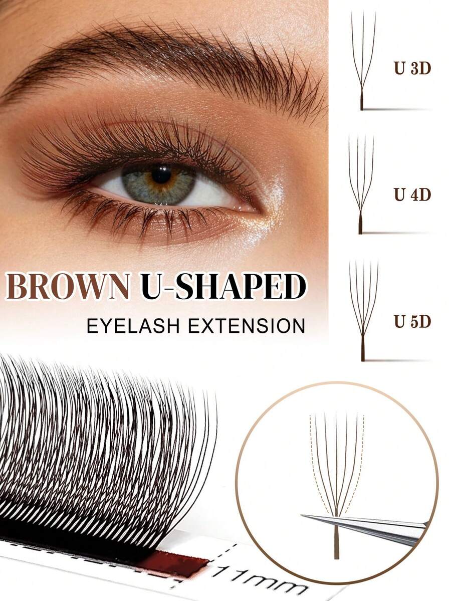 CoMango 12 Rows C Curl Brown U-Shaped 3D 4D 5D Eyelash Extensions, New U-Shaped W Blooming Velvet Silk Eyelashes, Narrow Angle Pre-Made Lash Fans, Lightweight Fluffy Faux Mink False Eyelashes