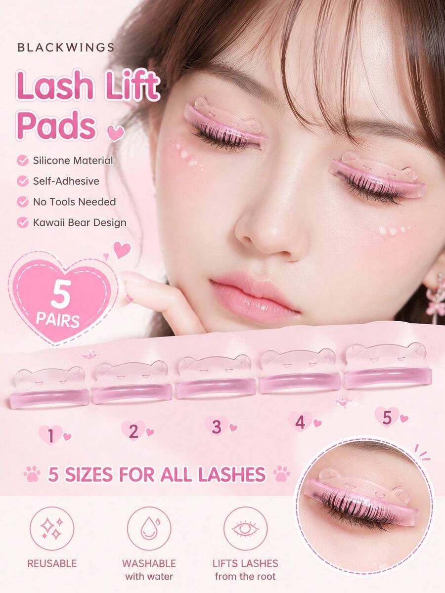 BLACKWINGS Bear Design L-Curve Lash Lift Pads Purple 5 Pairs Self-Adhesive Silicone Reusable Washable Elastic Salon DIY Eyelash Perm - Mauve Purple - View 1
