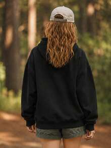 Women's Dual-Metal Drawstring Hooded Sports Sweatshirt, One-Piece Kangaroo Pocket Casual Sweatshirt - Black - View 2