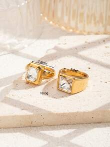 2pcs Stainless Steel Fashion Elegant Gold-Colored Rings, Inlaid With White Rhinestones, Suitable For Women's Daily Wear Or Gift Giving - Yellow Gold - View 4