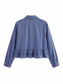 Blus Wanita Motif Kotak-kotak Gaya Korea dengan Kancing dan Hiasan Rumbai - Biru - View 3