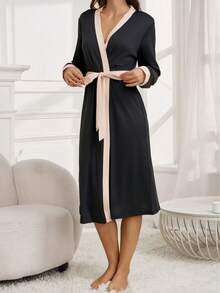 Women's Elegant V-Neck Adjustable Waist Long Robe - Soft Machine Washable Casual Home Morning Robe, Comfortable Loungewear Sleepwear - Black - View 7
