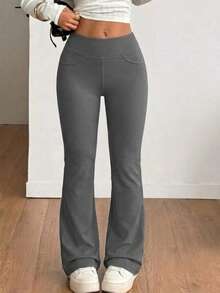 1pc High Waist Butt Lifting Tummy Control Sharkskin Fabric Stretchy Sports Yoga Running Training Flare Leggings - Dark Grey - View 4