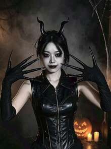 暗黑女巫服裝套裝 黑色惡魔角髮箍 羽毛天使之翼 長爪手套 哥德風 Cosplay 配件 邪惡女王派對裝扮 - 彩色 - 查看 3