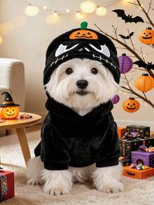 PETCIRCLE 1件裝小型犬、幼犬與貓用寵物服裝，可愛節日主題柔軟萌系萬聖節變裝套裝－南瓜幽靈 - 黑色 - 查看 3
