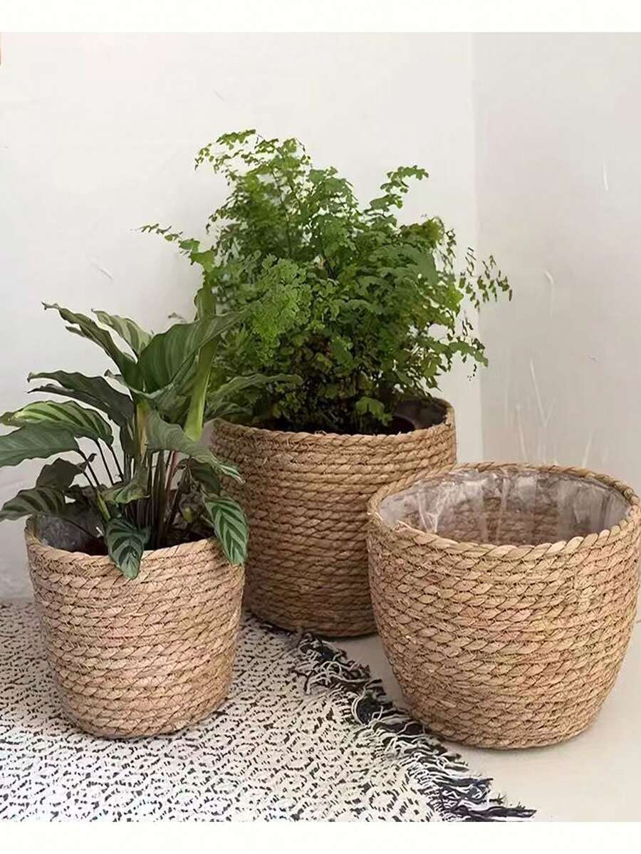 3 buah Pot Tanaman Anyaman, Wadah Tanaman Minimalis Warna Polos, untuk Penggunaan Rumah + 4 buah Pot Tanaman Anyaman Baru