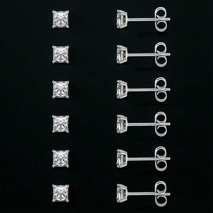 MDFUN Stud Earring Set For Women Men 18K White Gold Plated Princess Cut 4 Prong Graduated Square Clear Cubic Zirconia Pack Of 6 Pairs - White-6 Pairs - View 1