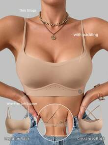 Lilivine Bra wanita tanpa jahitan dengan tali spaghetti, model U-shaped low-back bandeau tak terlihat, bra push-up setengah cup tanpa kawat yang bernapas, untuk pemakaian sehari-hari. - Khaki - View 5