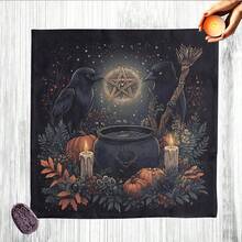 1pc Retro Autumn Witch Tarot Table Cloth Two Black Ravens Cauldron Pumpkin Candle Pentagram Star Print Square Altar Cloth Lightweight Divination Mat Wall Hanging Home Decor - Black - View 3