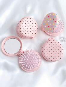 New Pink Multicolor Polka Dot Round Folding Comb With Mirror, Portable Compact 2-In-1 Makeup Mirror Comb, Women's Mini Foldable Air Cushion Massage Brush, Suitable For Wedding, Office, Business Trip, Performance, Back To School, Travel Essential - Multicolor - View 2