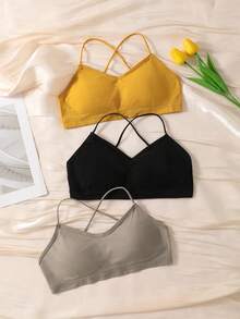 3PCS Breathable Seamless Ribbed Criss Cross Back Sports Bra, Thin Spaghetti Straps Wireless Padded Yoga Workout Bralette - Multicolor - View 2