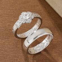 Silver Elegant Women's 2 Pieces Ring Set, Creative Flower & Plain Band Design, Vintage Carved Hand Jewelry, Fashionable Versatile Style Suitable For Wedding, Vacation, Holiday Wear - Silver - View 3