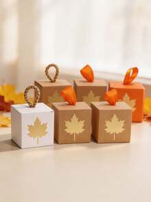10pcs Autumn Maple Leaf Gift Boxes With Rope Or Ribbon Handle, Paper Favor Boxes For Thanksgiving, Harvest Festival, Friendsgiving, Wedding, Baby Shower, Birthday Party, Small Gift Packaging, Easy To Assemble - 5.5X5.5X5.5cm - View 6