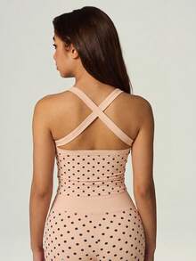 UONNOU 2pcs Polka Dot Square Neck Criss-Cross Back Camisole + Criss-Cross Waist Flare Pants Sports Set - Pink - View 9