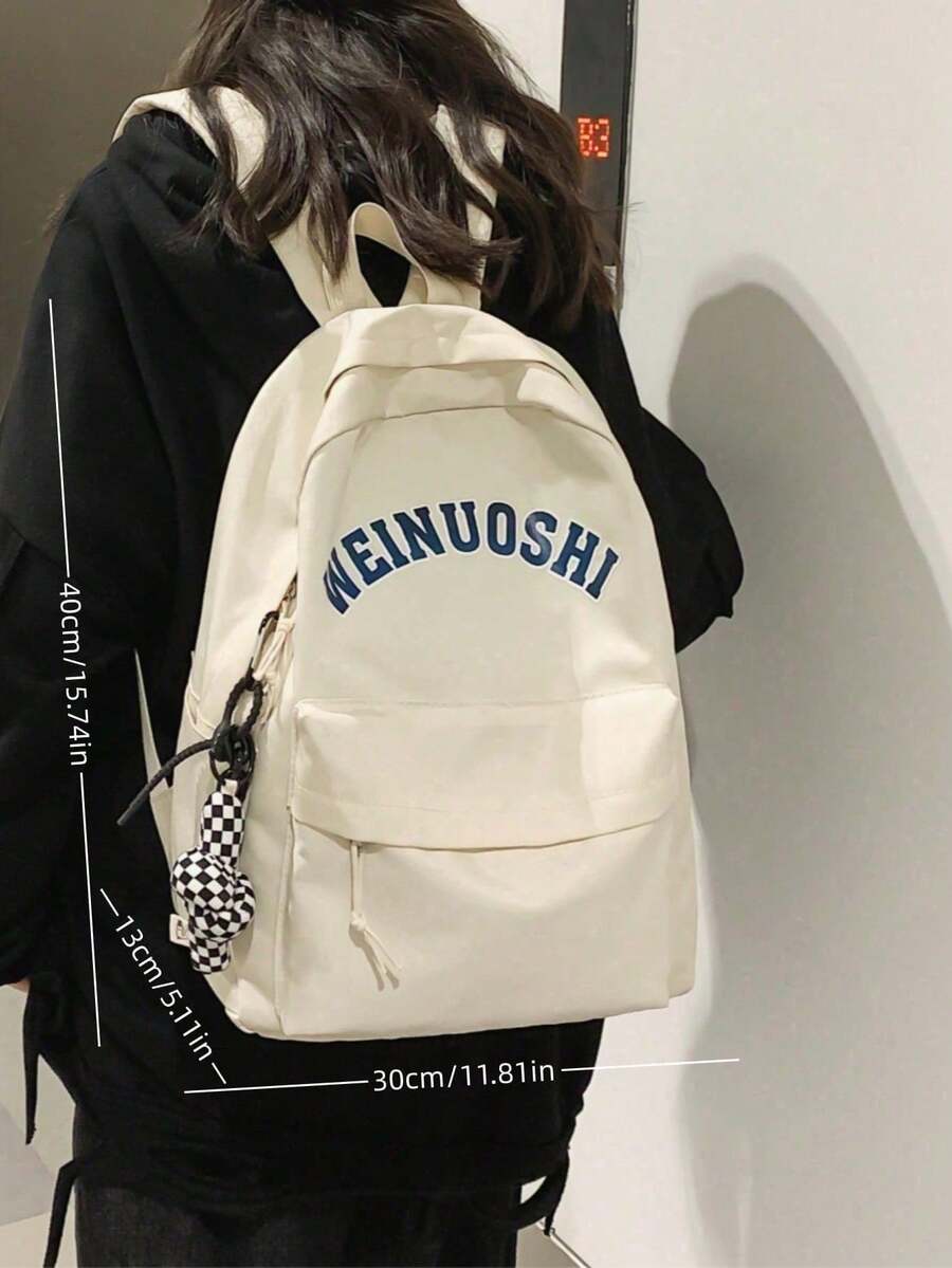 Women's Solid Color Functional Backpack With Pendant - White - View 1