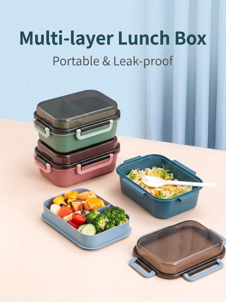 Caja bento portátil de doble capa, resistente al calor y a prueba de fugas, disponible en múltiples colores, adecuada para estudiantes, camping, trabajadores de oficina, aplicable para uso en el hogar, oficina y al aire libre. - Multicolor - Ver 1