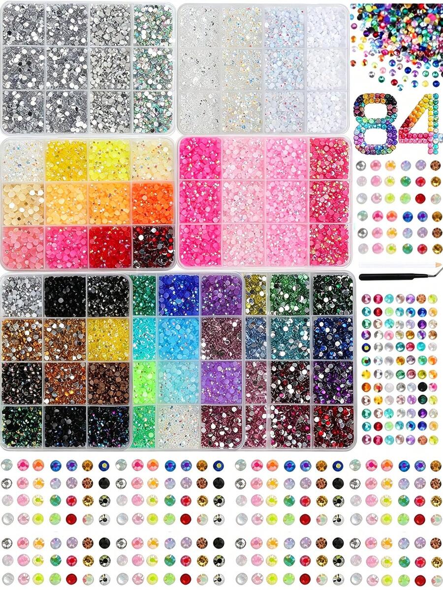 84 Colors/7 Boxes Nail Art Decorations & Supplies (Resin Flat Bottom Rhinestone Decoration Set, 3mm, Multi-Color, Multi-Function With Tools), Nail Decorations, Nail Supplies, Shiny Rhinestone Nail Gems, Suitable For Multi-Function DIY Nail Art Decoration - Multicolor - View 1