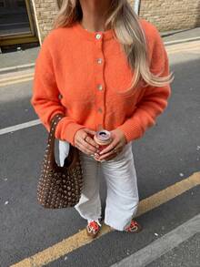 Áo khoác cardigan len dệt kim nữ cổ tròn tay dài mới cho mùa thu, phong cách nhẹ nhàng & đa năng, phong cách đại học thường ngày - trái cam - Xem 3