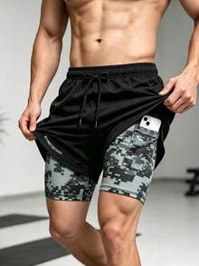 Men's 2-In-1 Running Shorts, Sports Shorts With Lining, Elastic Waistband, Suitable For Gym, Training And Jogging - Black - View 1
