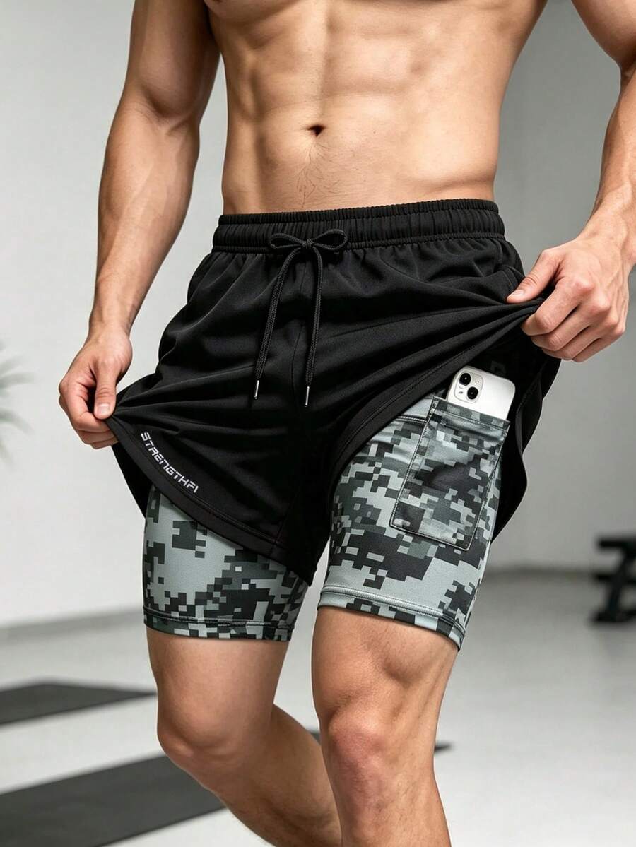 Men's 2-In-1 Running Shorts, Sports Shorts With Lining, Elastic Waistband, Suitable For Gym, Training And Jogging - Black - View 1
