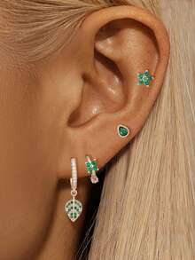 4PCS New Design Green Little Zirconia Hoop Earrings For Women Stainless Steel Leaf Water Drop Flower Piercing Earring Set Jewelry - 1 Silver - 4 PCS - View 2