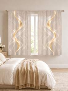2PCS Off-White Abstract Curve Curtains, Polyester Digital Print, Curved Geometric Pattern, Modern Luxury Style Rod Pocket Fabric Curtains, Bedroom Living Room Window Decor, Machine Washable - Multicolor - View 10
