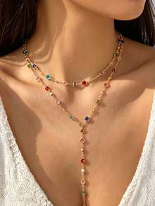 1pc Fashionable Colorful Tassel Necklace, Unique Y-Shaped Necklace Suitable For Parties, Vacations, Gifts, Daily Wear - Gold - View 2