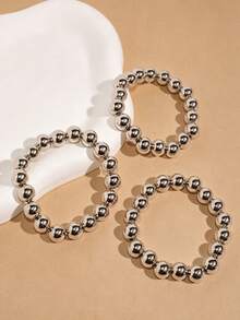 3pcs/Set Silver Beaded Elastic Bracelets Minimalist Layered Bangles Everyday Versatile Jewelry Gift - one-size - View 5