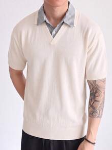 GRKC Men's Short Sleeve Knit Polo Shirt, Polo Collar, Loose Straight Fit, 2 In 1, Casual Commuter Style, Spring/Summer Top - Apricot - View 2