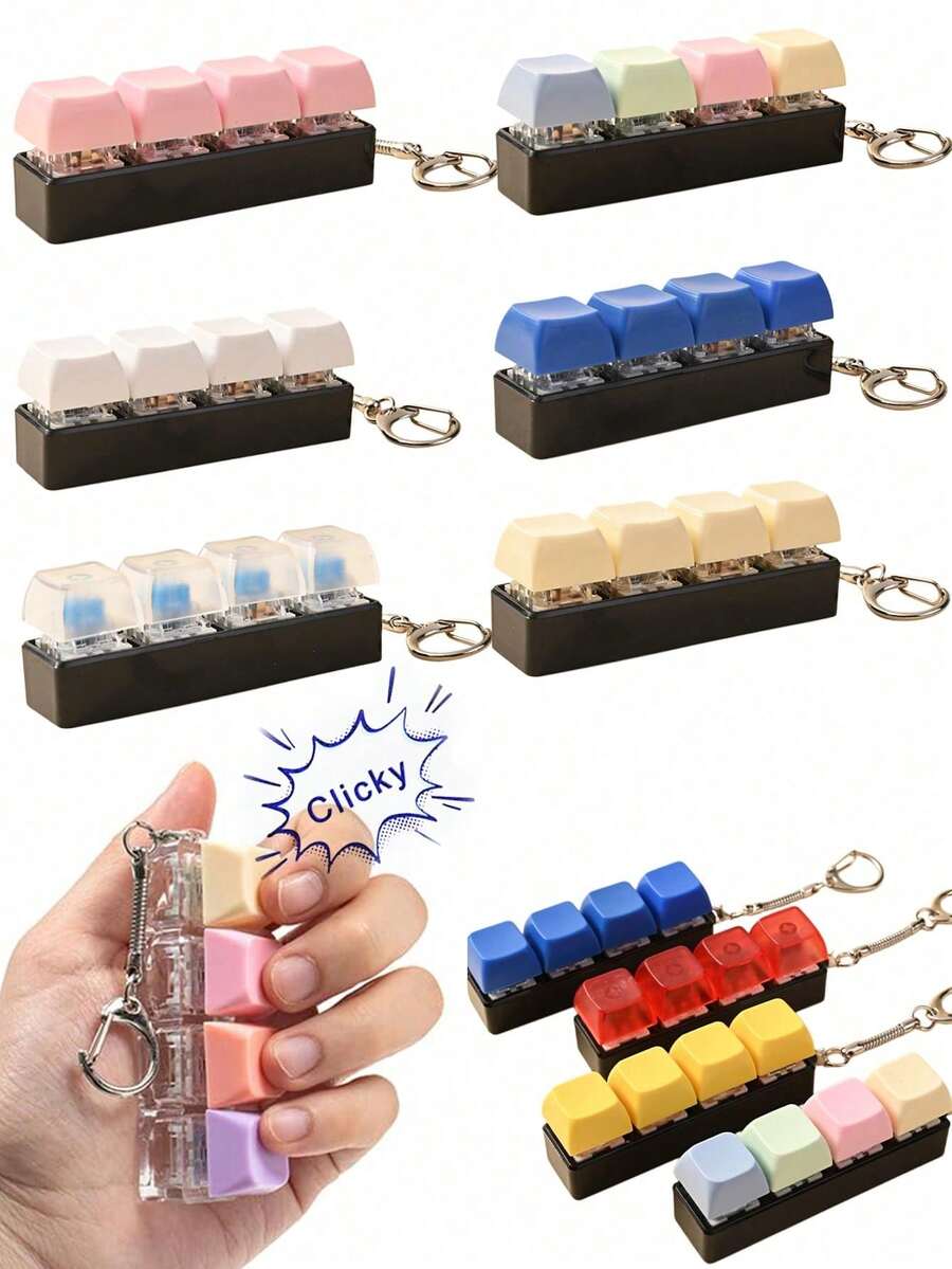 1pcs4-Key Stress Relief Keyboard Keychain With Black Base, Colorful Buttons, Mini Fidget Finger Press Keyboard Pendant, Car Key Accessory, Bag Charm, Focus Toy For Adults, Birthday, Party & Holiday Gift - Multicolor - View 1