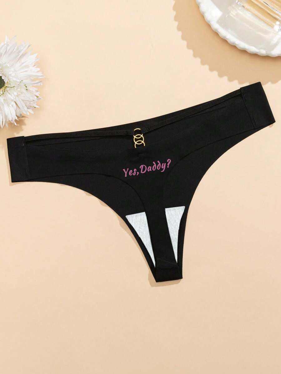 1pc Black Sexy Women's Panties Low Waist Printed Thong Bikini - Black - View 1