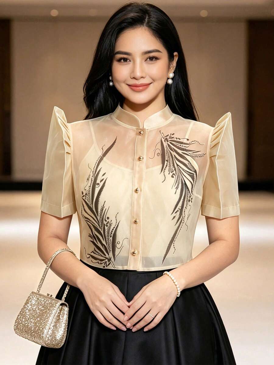 現代菲律賓風女款時尚立領開襟上衣,蝴蝶泡泡袖,印花,1件,春/夏 - 香檳色 - 查看 1