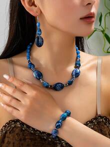 4pcs Vintage Marbled Blue Acrylic Jewelry Set Necklace Earring Bracelet,Irregular Oval Beaded,Bohemian Women Statement Accessory - Blue Tones - View 2