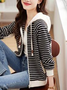 YUXIN Fashion Striped Full Zip Hooded Jacket, Women's Casual Long Sleeve Outerwear, Soft Lining With Adjustable Drawstring, Spring/Autumn Vacation Jacket - Black and White - View 9