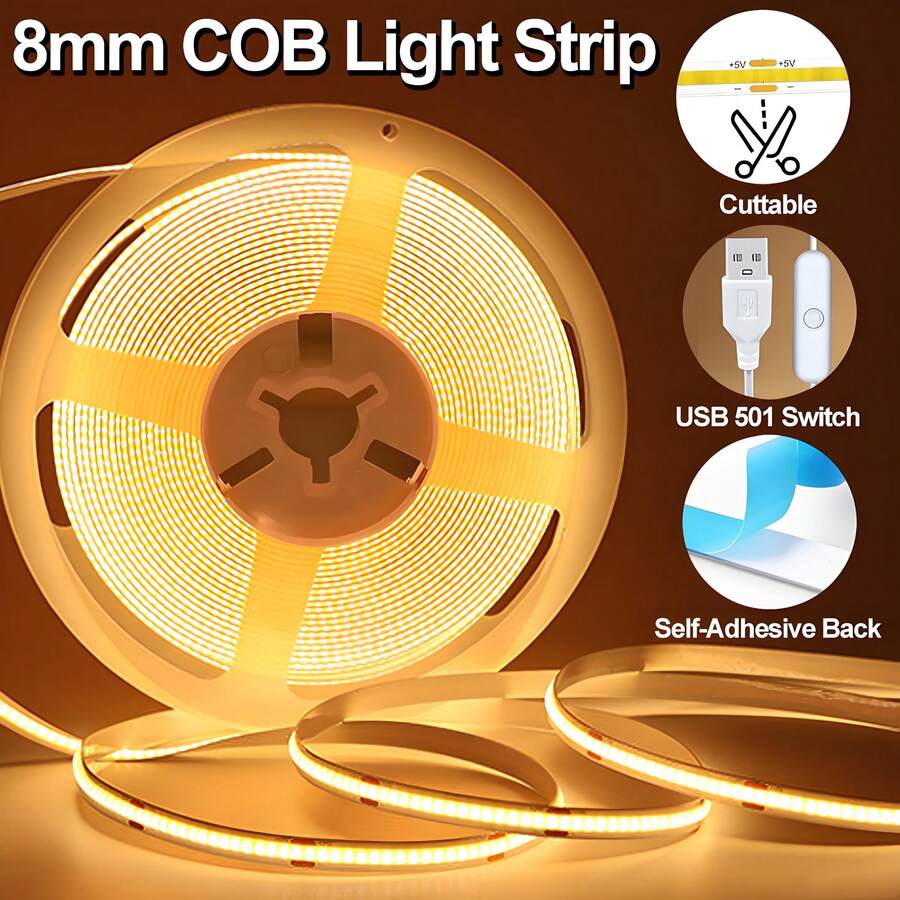LED燈條燈，COB觸控可調光 5V USB (16.4ft/5m) | CRI90+ 觸控無級調光 COB LED燈條，10W 柔性，臥室廚房DIY照明房間裝飾電視燈