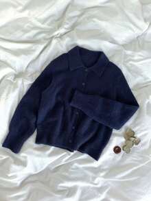 Kardigan Rajut Wanita Musim Gugur/Dingin Vintage Biru Navy Kerah Lipat Desain Kancing Tunggal Efek Melangsing Serbaguna Jaket Sweater - Navy Blue - View 9