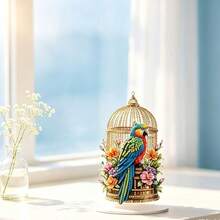 Vintage Bird Cage Colorful Macaw Acrylic Desktop Ornament, Floral Animal Living Room Tabletop Decor Craft - 1PC - View 7